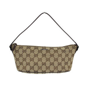 GUCCI Pouch Handbag Beige Tan Dark Brown Black GG Canvas Leather